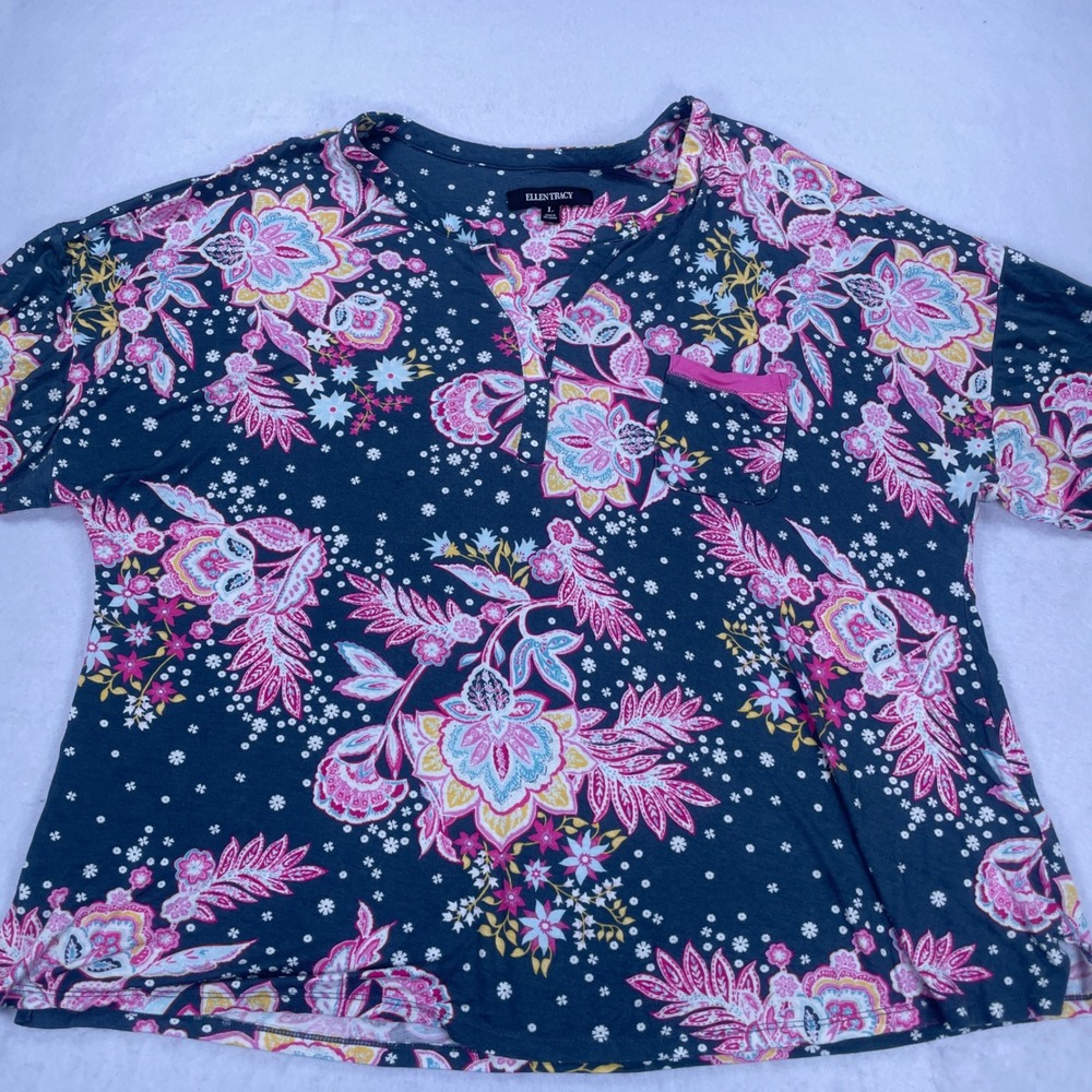 Ellen Tracy Womens Navy Floral Paisley Knit Top Short Sleeve Split Neck Large